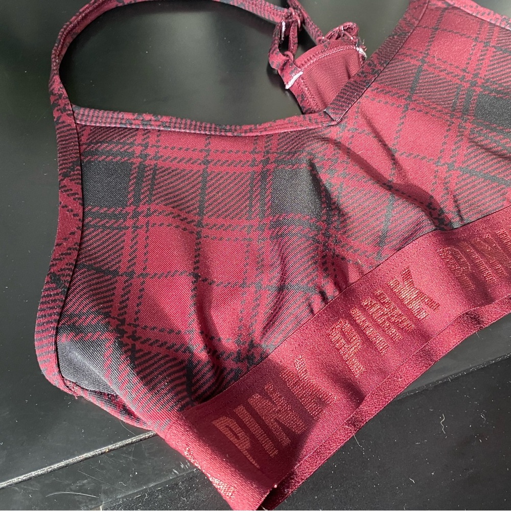 Victoria secret PINK sports active sport bra • size small • plaid / Burgundy